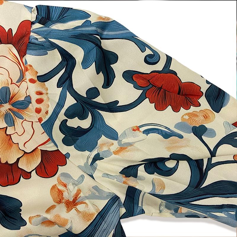 Baroque Floral Satin Blouse – Bold Print with Striped Ruffle Details