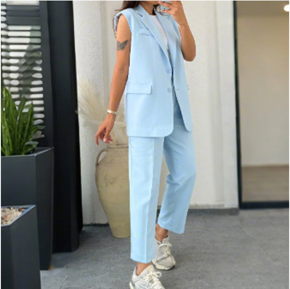 💖Women’s Stylish Sleeveless Blazer & High-Waisted Pants Set