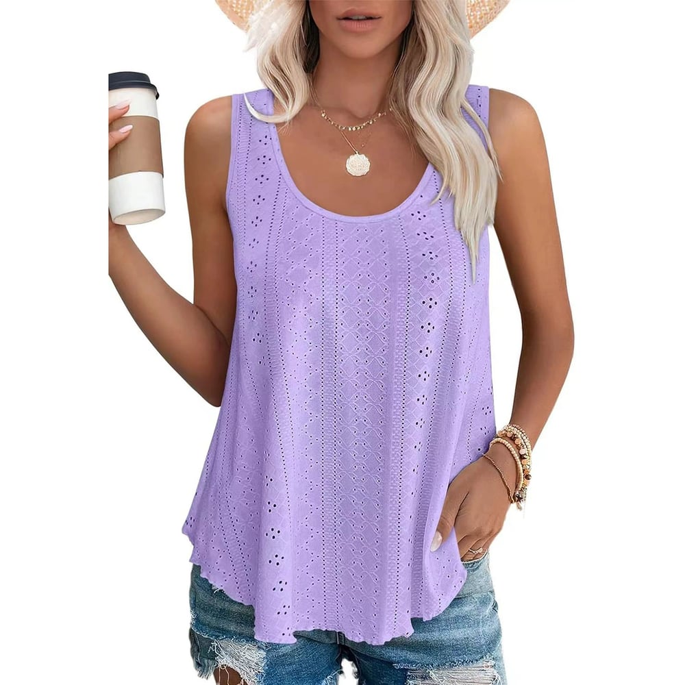 🎁Womens Tank Tops Sleeveless EyeletEmbroidery Scoop Neck Loose Fit Casual SummerFlowy