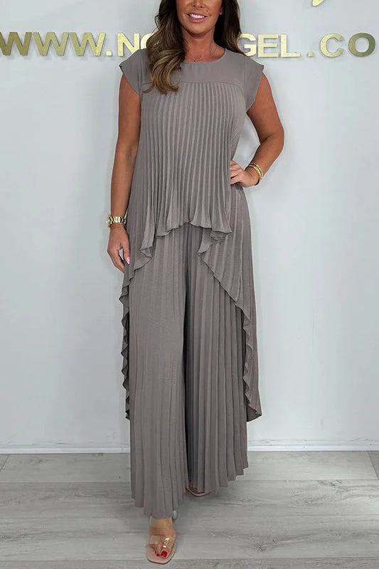 🔥time-limited discount 🔥Laney Pleated Short Sleeve Irregular Midi Top and Elastic Waist Wide Leg Pants Set