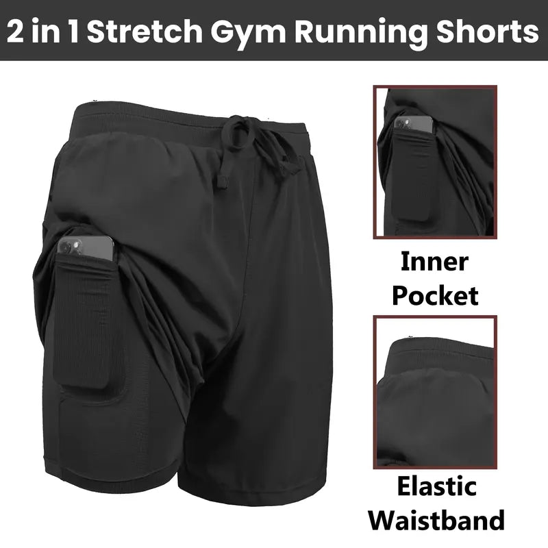 3-Pack Men's 2 in 1 Stretch Active Quick Dry Gym Running Shorts With Liner