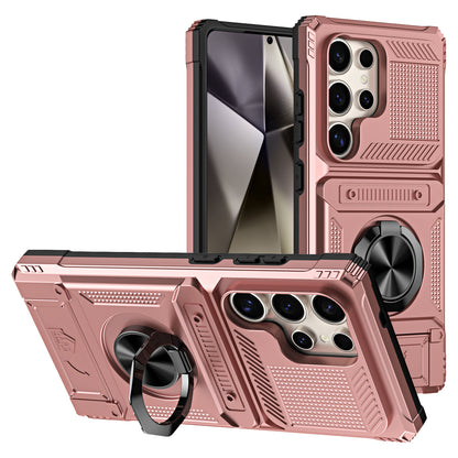 Magnetic Shockproof Phone Case with Ring Stand & Sliding Hidden Card Holder For Samsung S23/24/25 Series