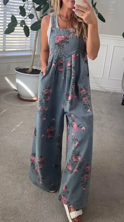 Printed Pocket Casual Denim Overalls