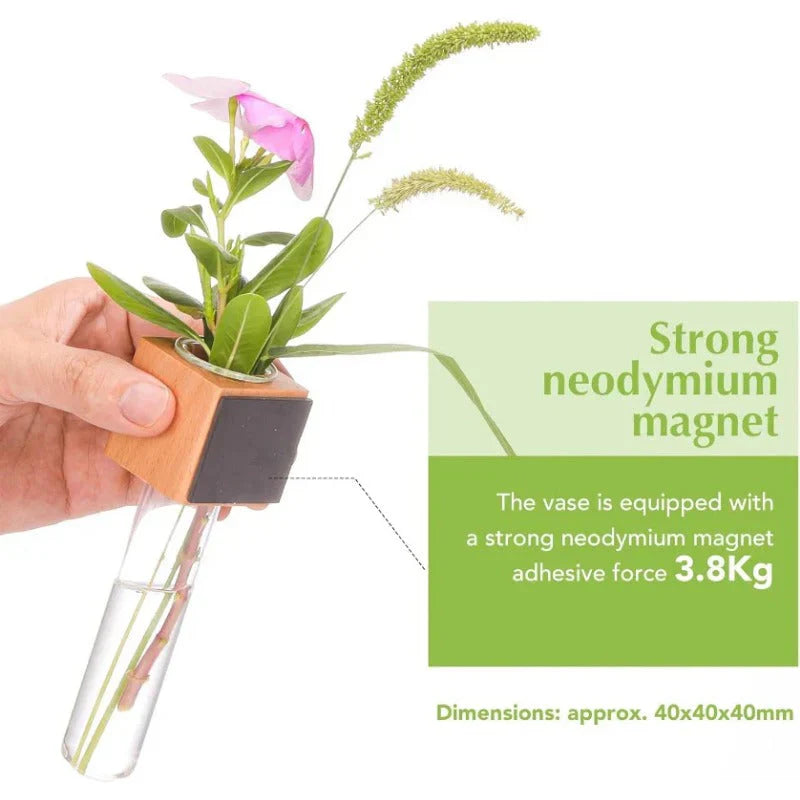 Magnetic Mini Vase – Wood & Glass Wall-Mount Decor for Flowers & Cuttings