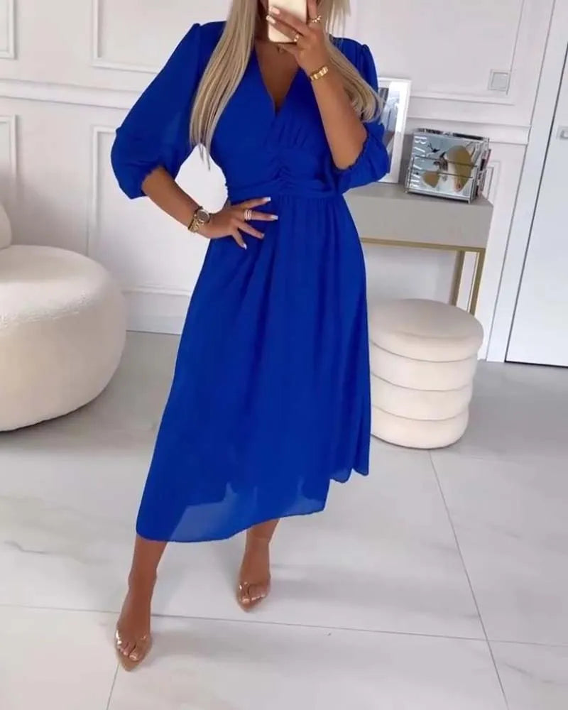 V-Neck Solid Color Waist Dress