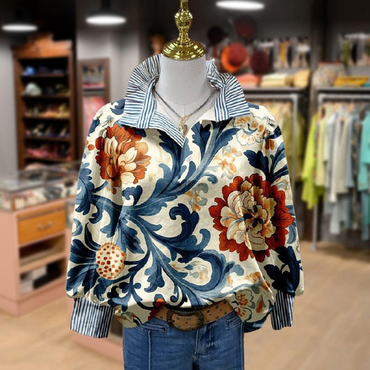 Baroque Floral Satin Blouse – Bold Print with Striped Ruffle Details