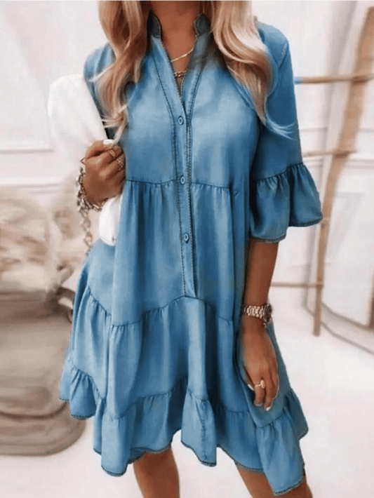 👗V-Neck Ruffle Trim Summer Dress – Lightweight Denim Look