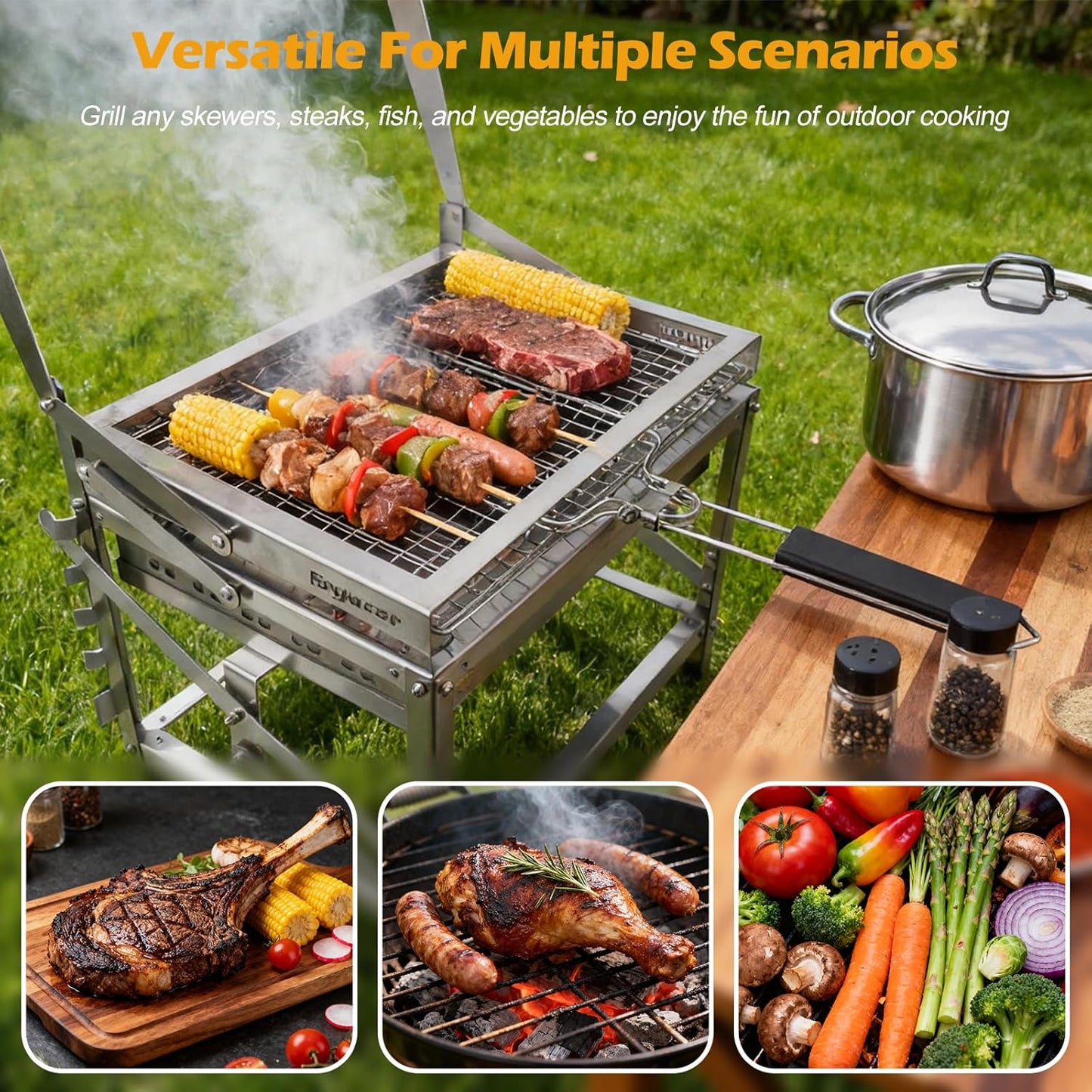🔥 Adjustable Charcoal Rotating Grill