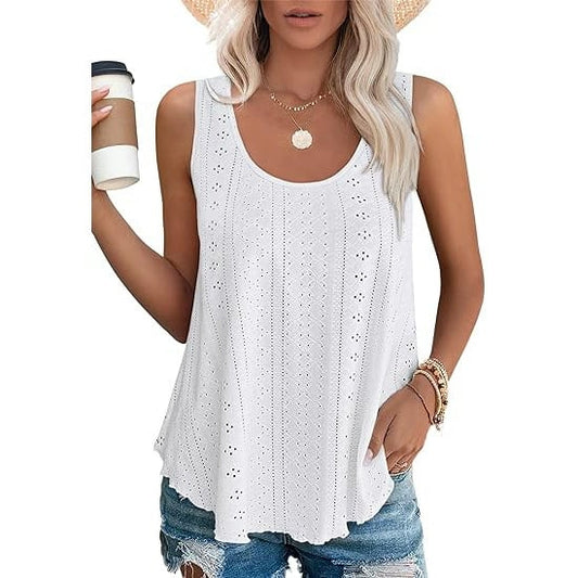 🎁Womens Tank Tops Sleeveless EyeletEmbroidery Scoop Neck Loose Fit Casual SummerFlowy