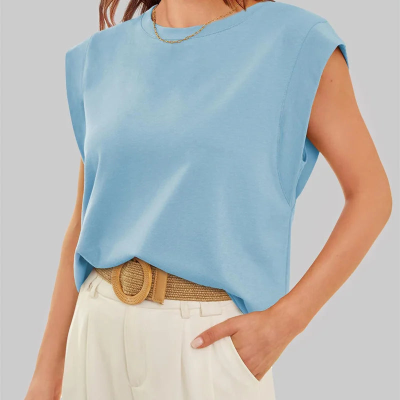 🔥Big price reduction 50% OFF💗Solid Color Round Neck Cap Sleeve Top
