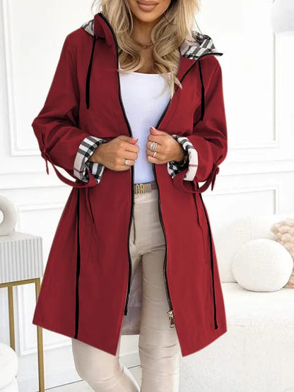 Women's Hooded Zipper Drawstring Plaid Print Casual Long Coat