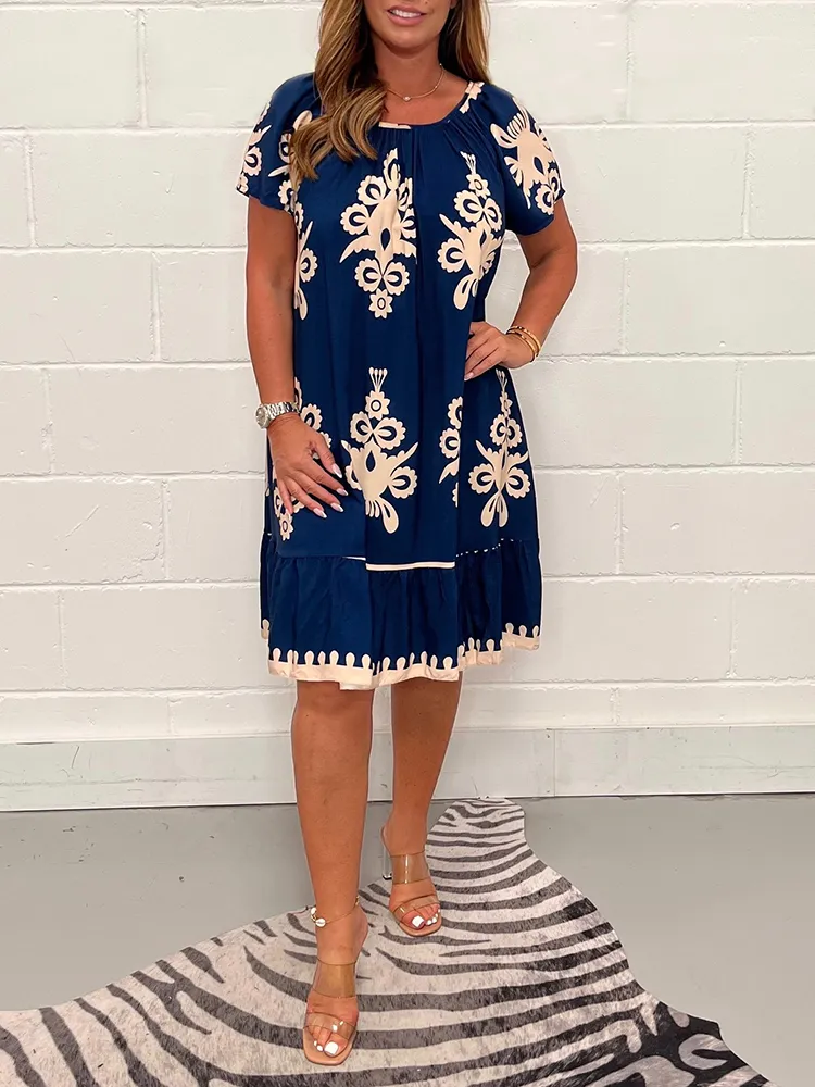 Geometric Pattern Multi Print Square Neck Dress