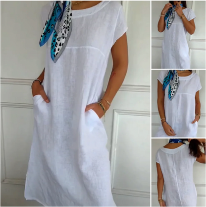 Women's Round Neck Short Sleeve Cotton Linen Dress