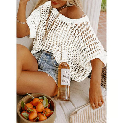 Huge 49% discount — 3 hours only!🎁Womens Summer Scoop Neck ShortSleeve Sweater Casual Crochet Hollow Out KnitTops
