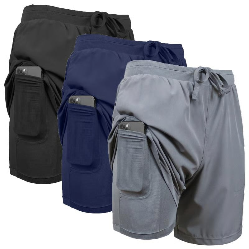 3-Pack Men's 2 in 1 Stretch Active Quick Dry Gym Running Shorts With Liner