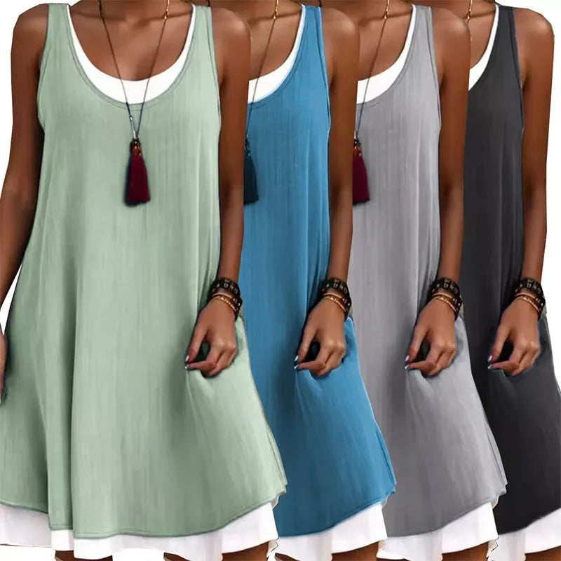 ⏰Last Day Sale 50% Off💃Women's Casual Loose Sleeveless Fake Two Piece Tank Dress