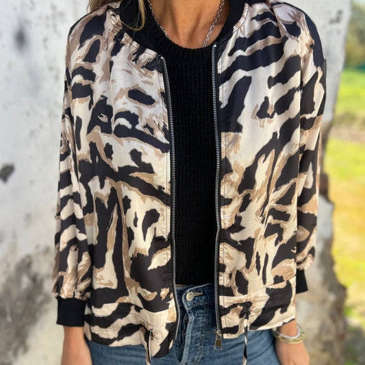 🔥Today 50% off🔥Women's Fall Zebra Print Zipper Bomber Jacket