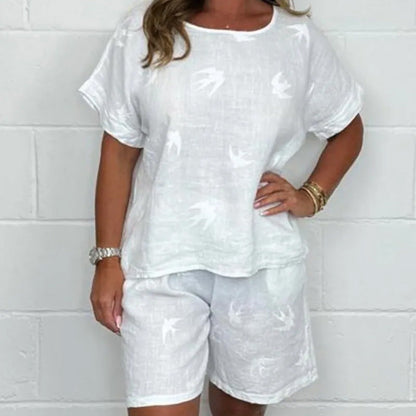 Casual Printed Cotton-Linen Short Sleeve Shorts Set
